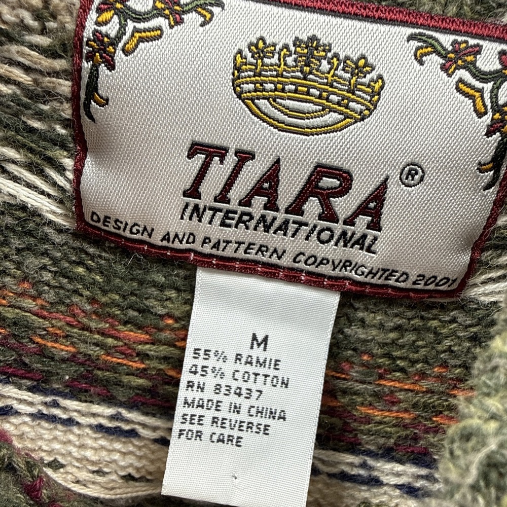 Vtg Tiara Int Women Cardigan Sweater Sz Med Green White Fair Isle Full Zip Thick - Picture 3 of 9